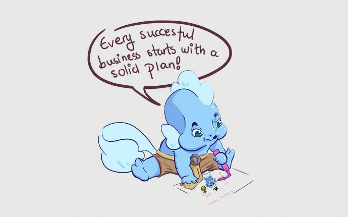 Ett gulligt blått monster målar en teckning med en rosa färgtub. Ovanför står texten: Every succesful business starts with a solid plan.