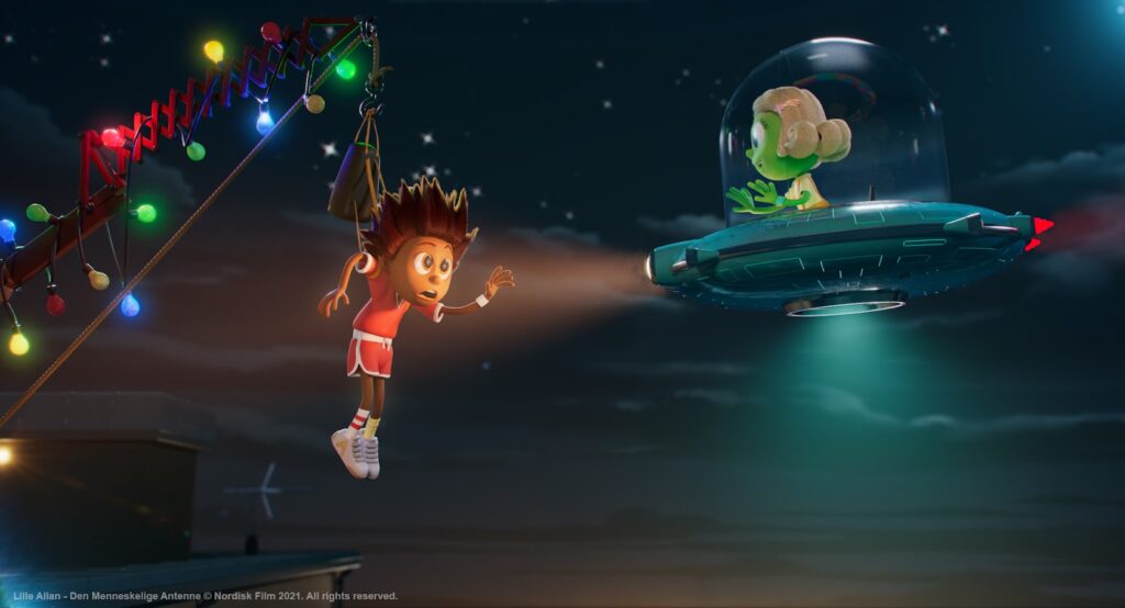 Tecknat. En kille hänger i en kran, en tjej i en rymdfarkost närmar sig.