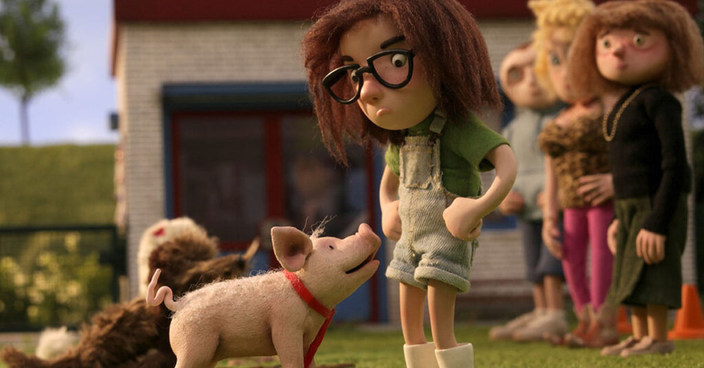 Animerat: En tjej pratar med en liten gris.