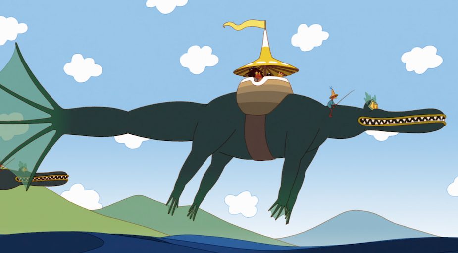 En flygande tecknad krokodil med en gondol med folk i på ryggen.