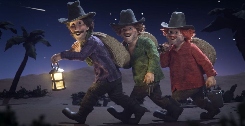 Tre tecknade män som bär på säckar.